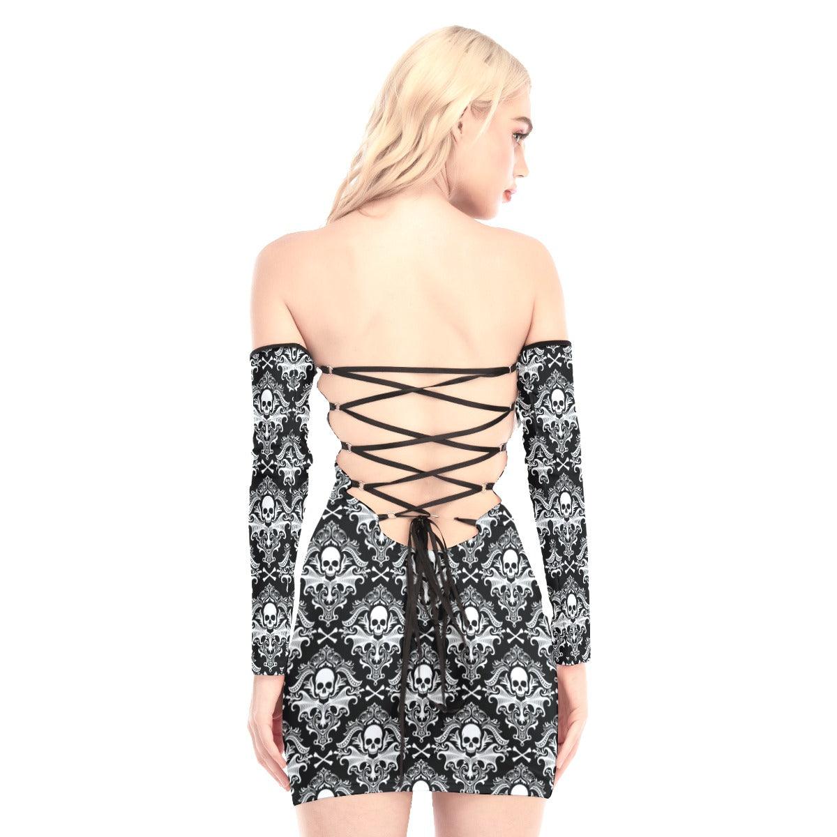 Black Gothic Skull Off-shoulder Back Lace-up Dress - Wonder Skull