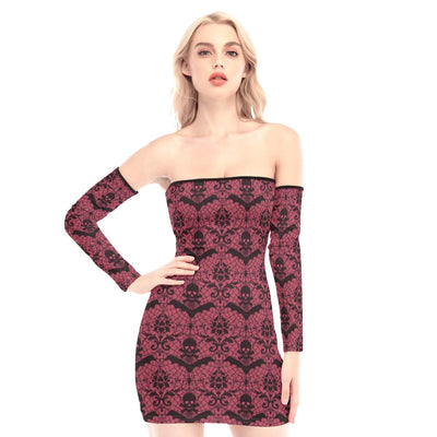 Skull And Bat Red Off-shoulder Back Lace-up Dress - Wonder Skull