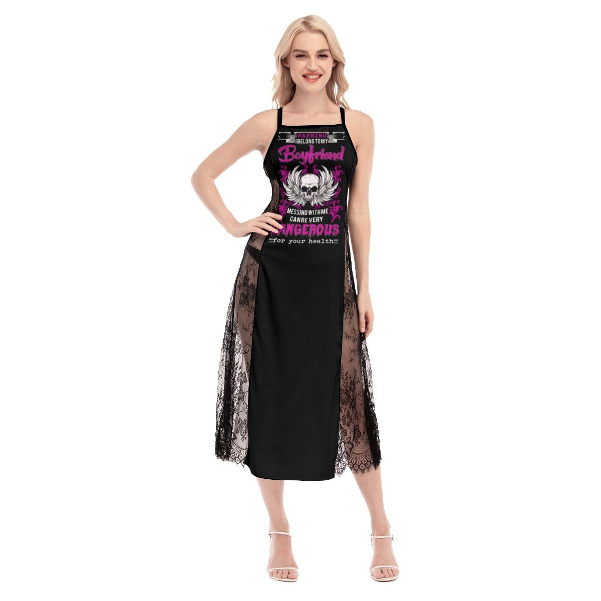 I Belong To My Boyfriend Skull Lace Cami Cross Back Women Dress - Wonder Skull