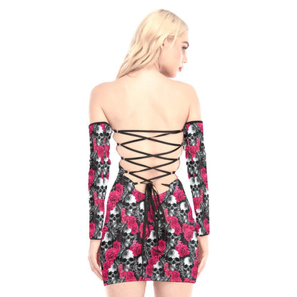 Skulls Spiderwebs Roses Off-shoulder Back Lace-up Dress - Wonder SKull