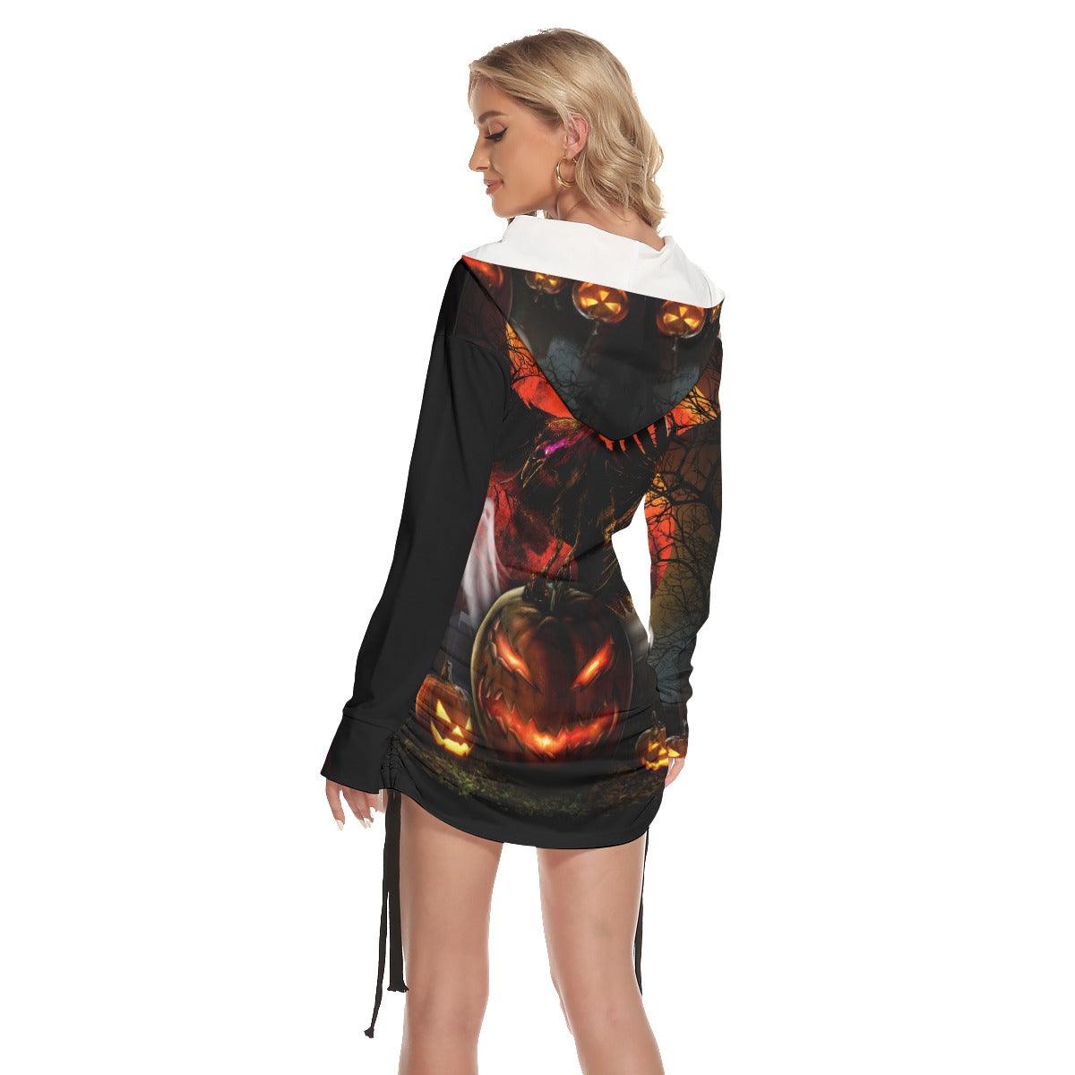 Halloween Raven Pumpkin All Over Print Women One Shoulder Dress With Waist Shirring, Long Hoodie For Women - Wonder Skull