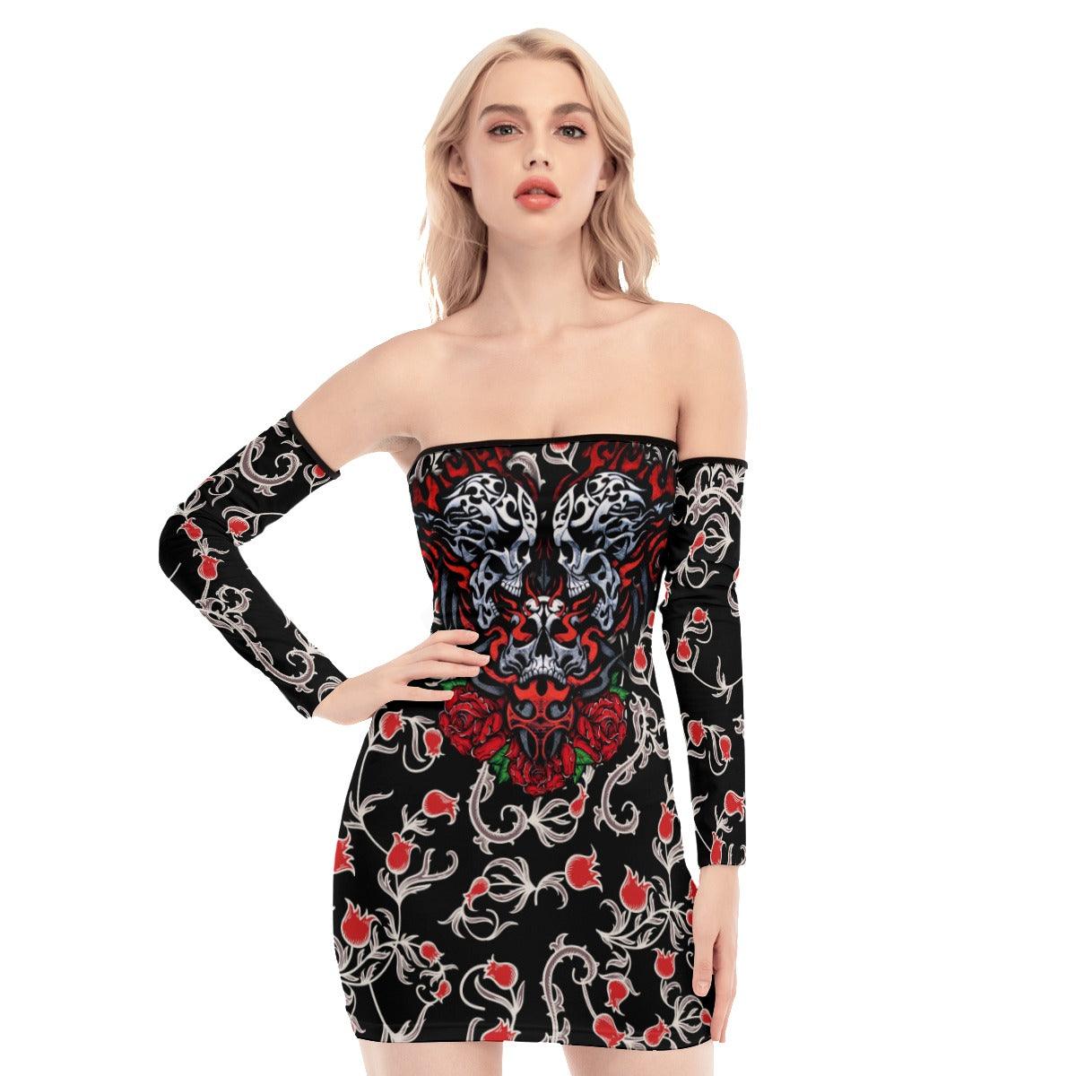 Skull Sugar Gothic Rose Off-shoulder Back Lace-up Dress - Wonder Skull