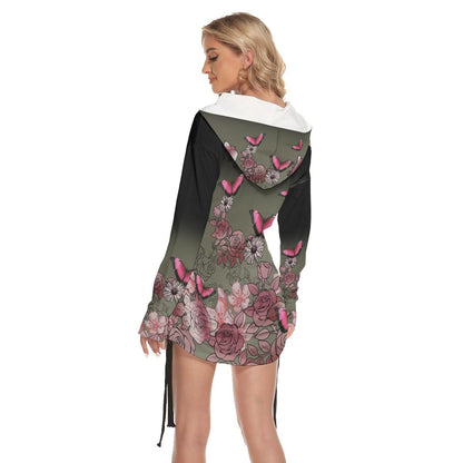 Pink Color Flower Butterfly Skull Print Open Shoulder Dress - Wonder Skull