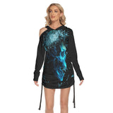 Skull Gothic Miror Broken All-Over Print Women One Shoulder Dress With Waist Shirring, Hot Long Hood - Wonder Skull