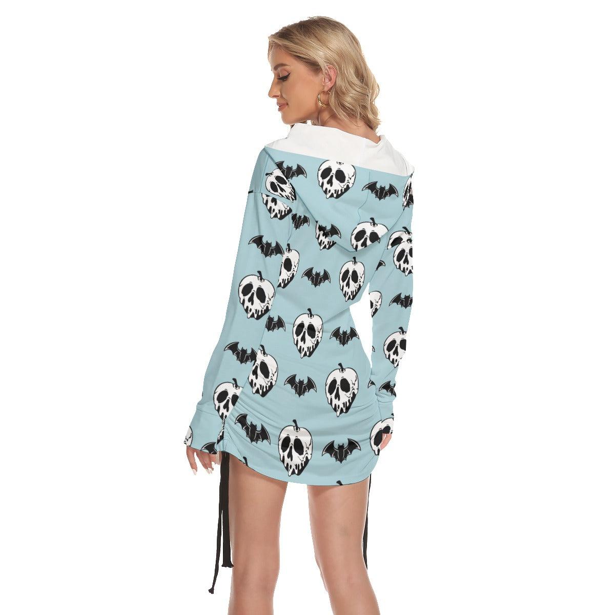 Blue Bat Skull All Over Print Women One Shoulder Dress With Waist Shirring, Long Hoodie For Women - Wonder Skull