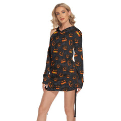 Halloween Pumpkin Smile All Over Print Women One Shoulder Dress With Waist Shirring, Long Hoodie For Women - Wonder Skull