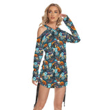 Witchy Skull All Over Print Women One Shoulder Dress With Waist Shirring, Hot Long Hoodie For Women - Wonder Skull