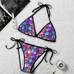 Purple Blue Radiant Skull Roses Micro Triangle Bikini Swimsuit - Wonder Skull