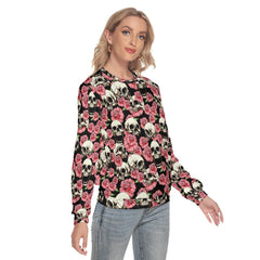 Pink Skull Rose Pattern Slim Round Neck Sweatshirt - Wonder Skull