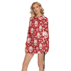 Christmas Red Skull Snowy Print Open Shoulder Dress - Wonder Skull