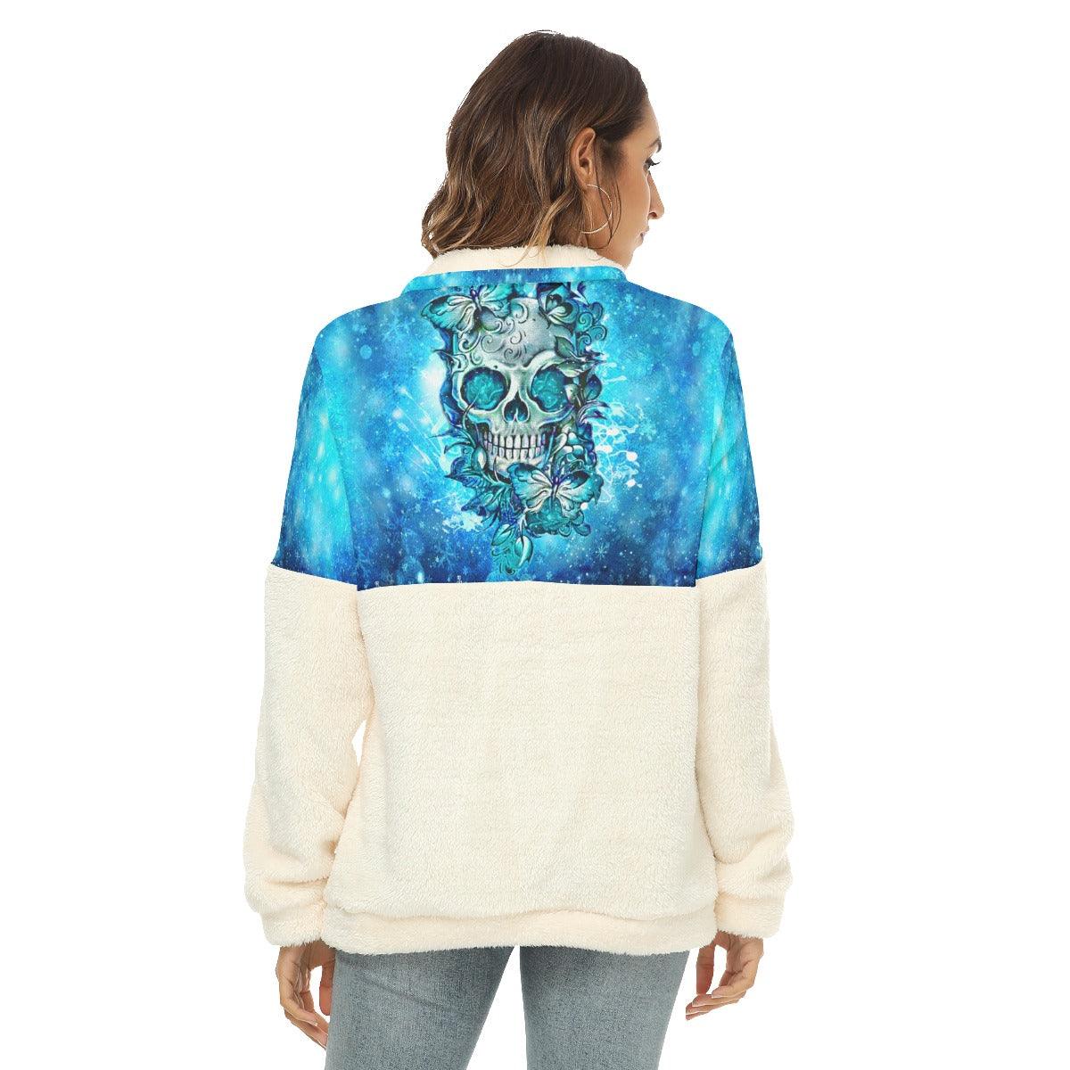 Blue Ice Skull Butterfly Fleece Sweatshirt With Half Zip - Wonder Skull
