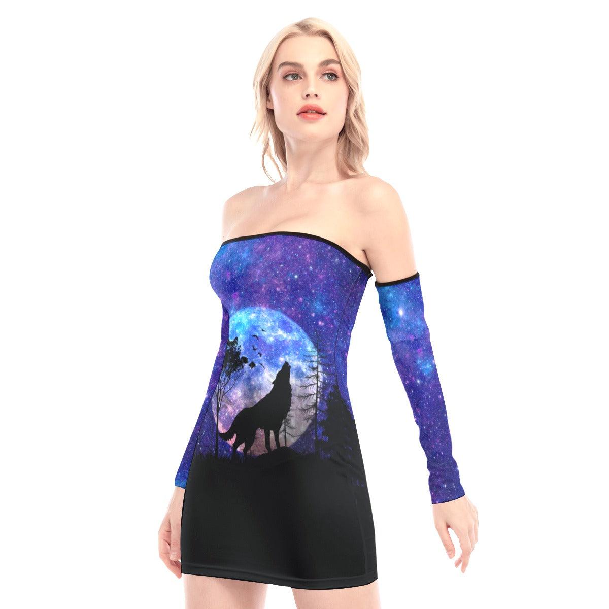 Galaxy Wolf Off-shoulder Back Lace-up Dress - Wonder Skull