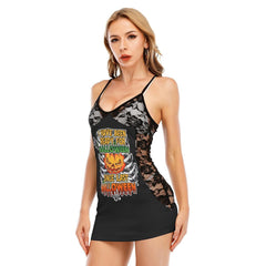 Ready For Halloween All-Over Print Women Black Lace Cami Dress, Hot Nightwear For Women - Wonder Skull