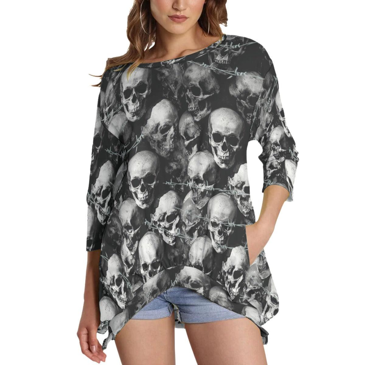 Gray Skull Sweatshirt With Irregular Pleated Hem - Wonder Skull