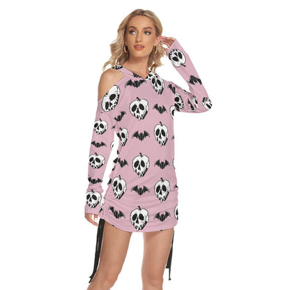 Pink Bat Skull All Over Print Women One Shoulder Dress With Waist Shirring, Long Hoodie For Women - Wonder Skull