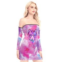 Pink Melting Wolf Off-shoulder Back Lace-up Dress - Wonder Skull