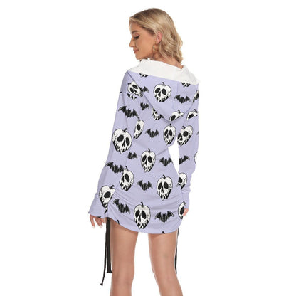 Purple Bat Skull All Over Print Women One Shoulder Dress With Waist Shirring, Long Hoodie For Women - Wonder Skull