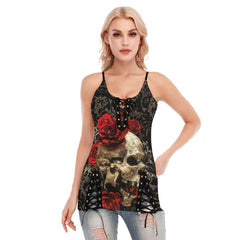 Skull Rose Red Gothic Eyelet Lace-up Letter Dress - Wonder Skull