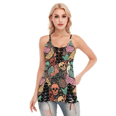 Skull Colorful Pattern Gothic Eyelet Lace-up Letter Dress - Wonder Skull