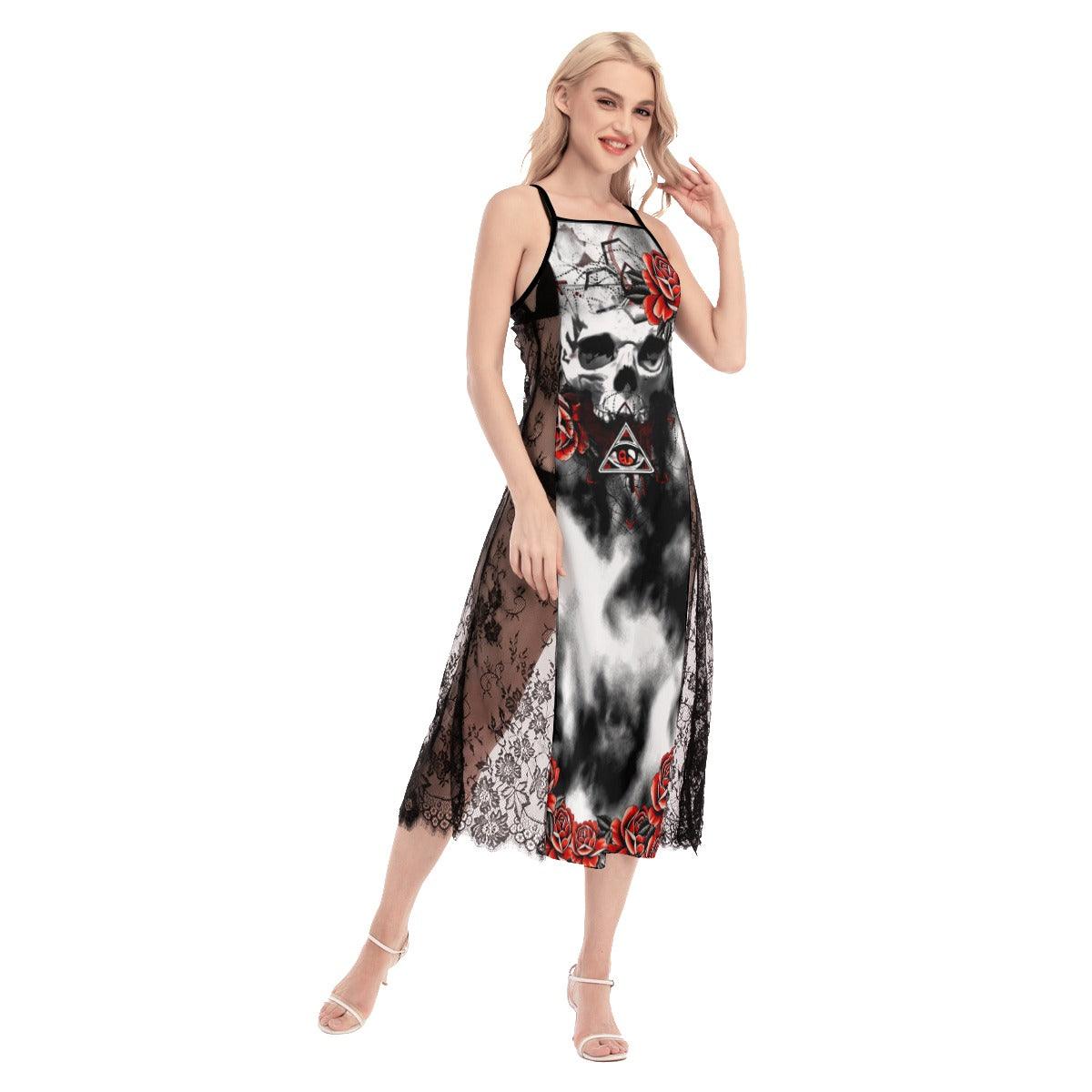 Hot Gothic Skull Rose Lace Cami Cross Back Women Dress - Wonder Skull