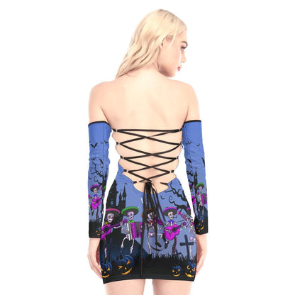 Halloween Skeleton Off-shoulder Back Lace-up Dress - Wonder Skull