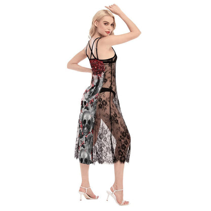 Pink Gothic Skull Pattern Lace Cami Cross Back Women Dress - Wonder Skull