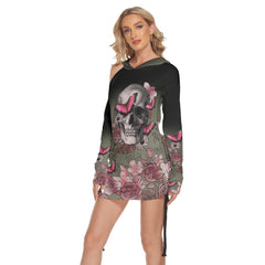 Pink Color Flower Butterfly Skull Print Open Shoulder Dress - Wonder Skull