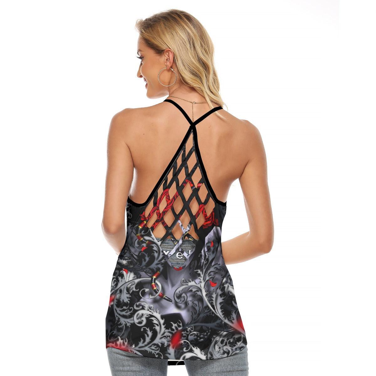 Gothic Girl Skull Artwork Hand Criss-Cross Open Back Tank Top, Hot T-Shirt For Women - Wonder Skull