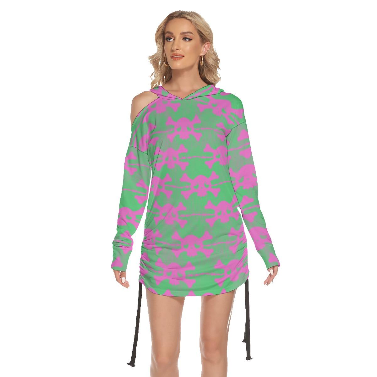 Christmas Green Red Skull Buffalo Flaid Print Open Shoulder Dress-Wonder Skull