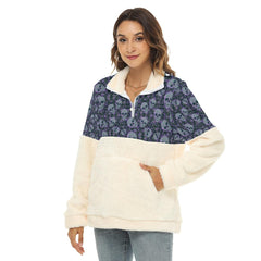 Gray Skull Flower Borg Fleece Sweatshirt With Half Zip - Wonder Skull