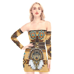 The Native Wolf Off-shoulder Back Lace-up Dress - Wonder Skull