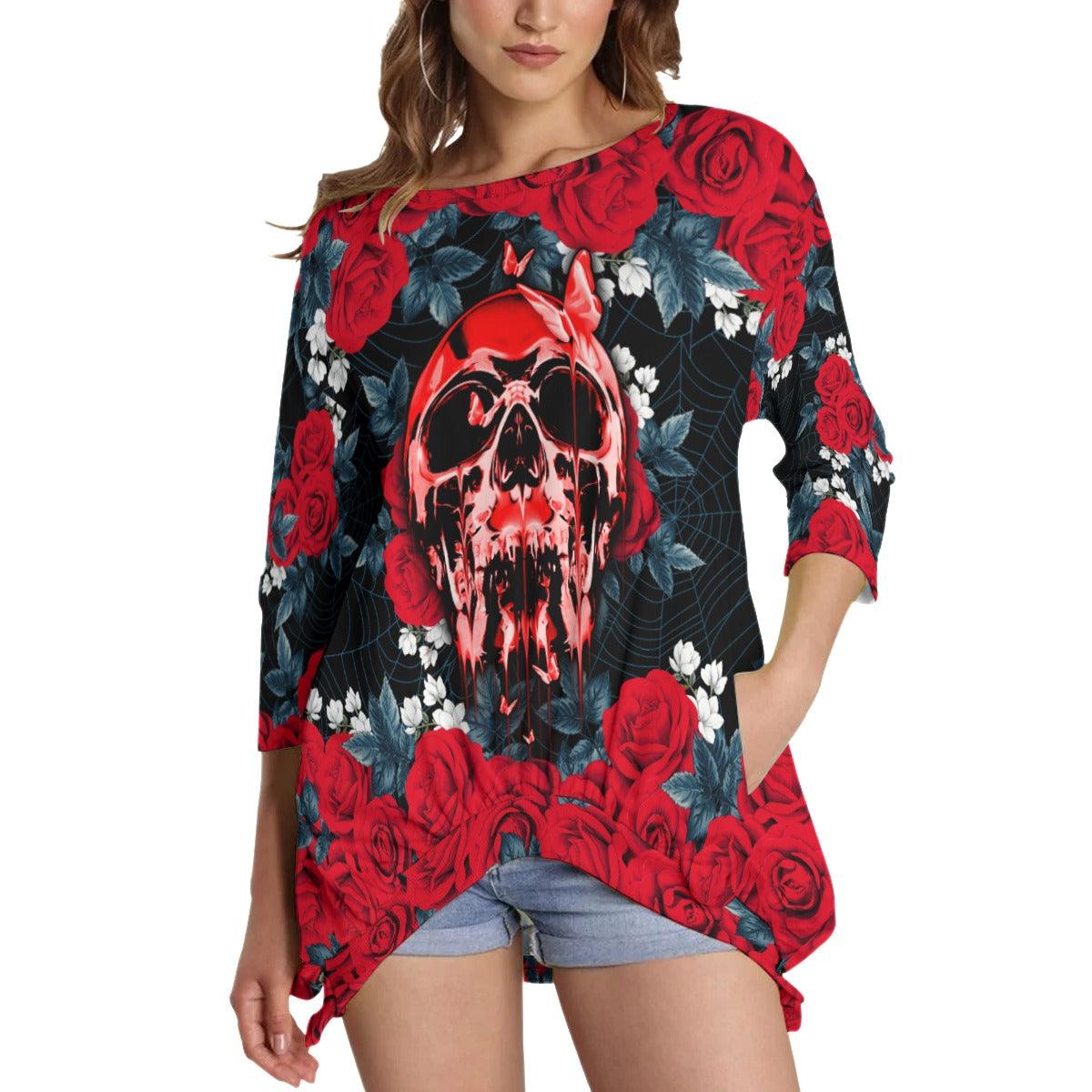 Blood Skull Rose Sweatshirt With Irregular Pleated Hem -  Wonder Skull