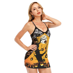 Halloween Pumpkin Tree All-Over Print Women Black Lace Cami Dress, Slay Nightwear For Women - Wonder Skull