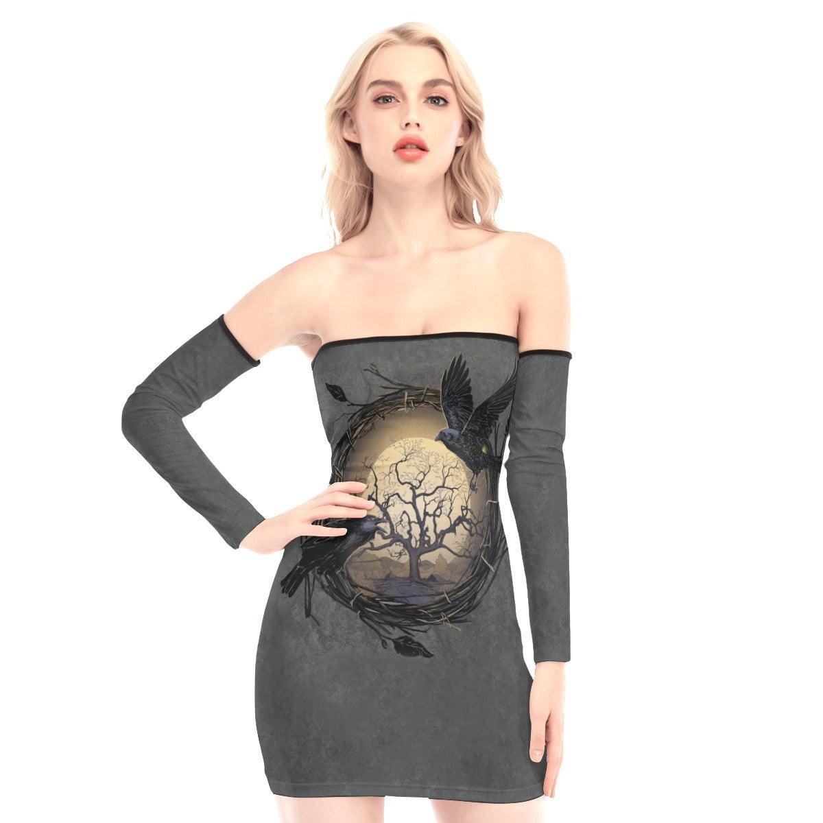 Couple Raven Off-shoulder Back Lace-up Dress - Wonder Skull