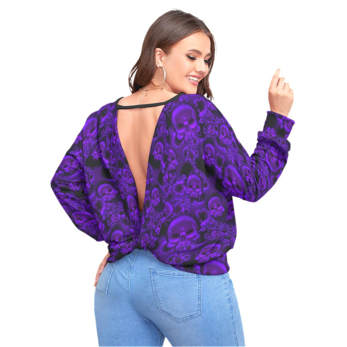 Purple Heart Skull Backless Sweatshirt With Bat Sleeve - Wonder Skull