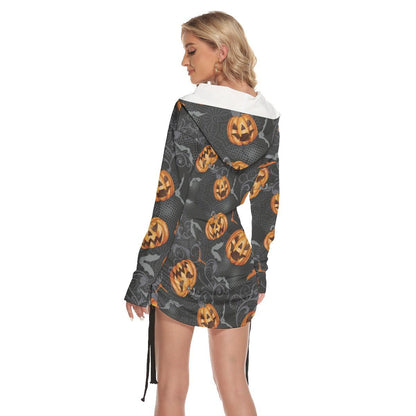 Halloween Bat Pumpkin All Over Print Women One Shoulder Dress With Waist Shirring - Wonder Skull