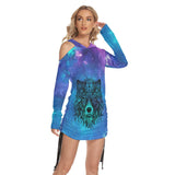 Space Galaxy Wolf All Over Print Women One Shoulder Dress With Waist Shirring, Hoodie For Women - Wonder Skull