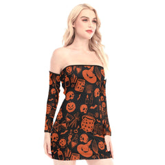 Halloween Pattern Off-shoulder Back Lace-up Dress - Wonder Skull