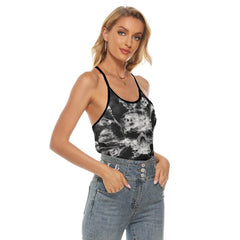 B&W Smoke Soul Skull Criss-Cross Open Back Tank Top, Coolest T-Shirt For Women - Wonder Skull