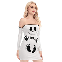 Nightmare Footprints White Off-shoulder Back Lace-up Dress - Wonder Skull