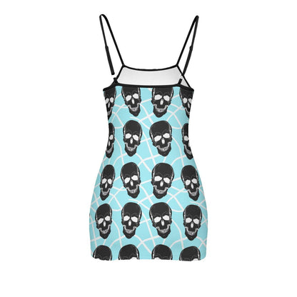 Cyan Skull Lovers Printed Body Dress, Naughty Sleeveless Minidress For Women-Wonder Skull