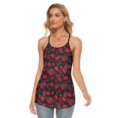 Black Red Camo Skull Criss-Cross Open Back Tank Top, Trending T-Shirt For Women - Wonder Skull