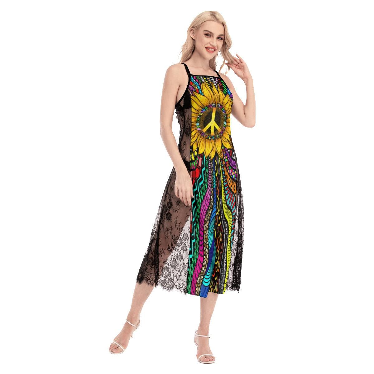 Hot Sunflower Peace love Lace Cami Cross Back Women Dress - Wonder Skull
