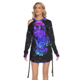Wolf Flower All Over Print Women One Shoulder Dress With Waist Shirring, Long Hoodie For Women - Wonder Skull