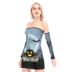 Trick Or Treat Pumpkin Off-shoulder Back Lace-up Dress - Wonder Skull