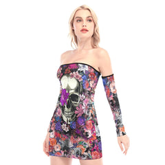 Colorful Flowers Skull Off-shoulder Back Lace-up Dress - Wonder Skull