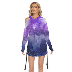 Wolf Mountain Artwork All Over Print Women One Shoulder Dress With Waist Shirring, Long Hoodie For Women - Wonder Skull