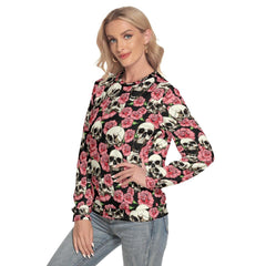 Pink Skull Rose Pattern Slim Round Neck Sweatshirt - Wonder Skull