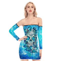 Skull Gothic Blue Rose Off-shoulder Back Lace-up Dress - Wonder Skull