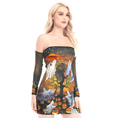 Halloween Ghost Off-shoulder Back Lace-up Dress - Wonder Skull